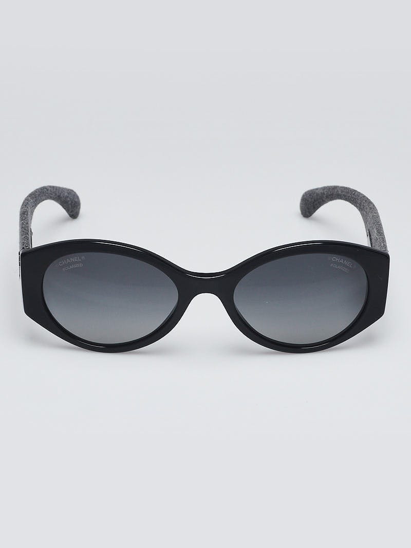 Chanel Black Acetate Frame and Grey Denim Oval Frame Sunglasses