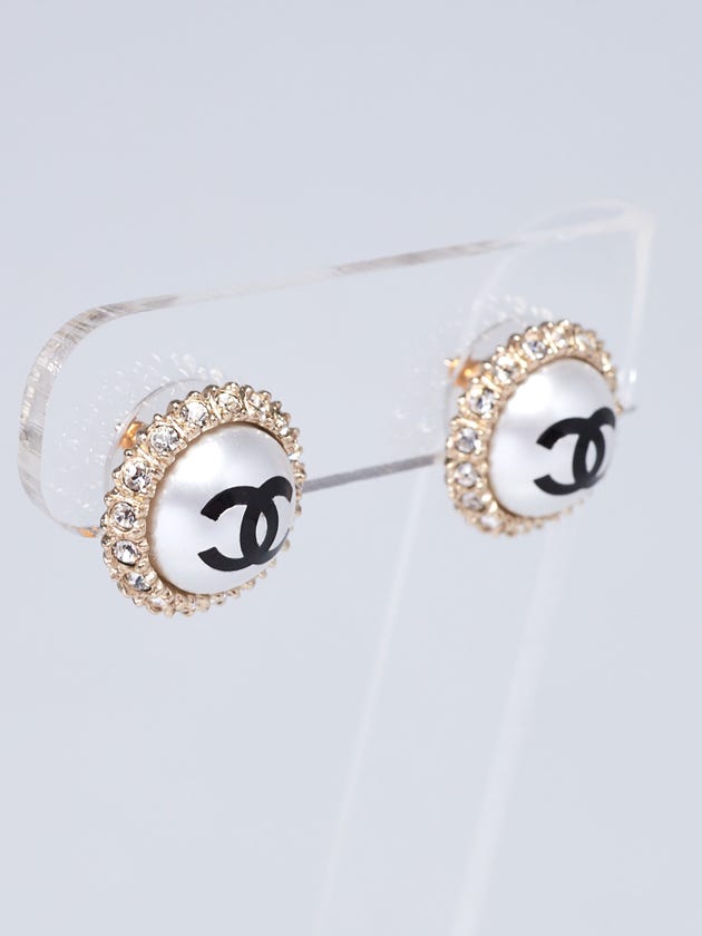 Chanel Faux Pearl Crystal CC Logo Stud Earrings