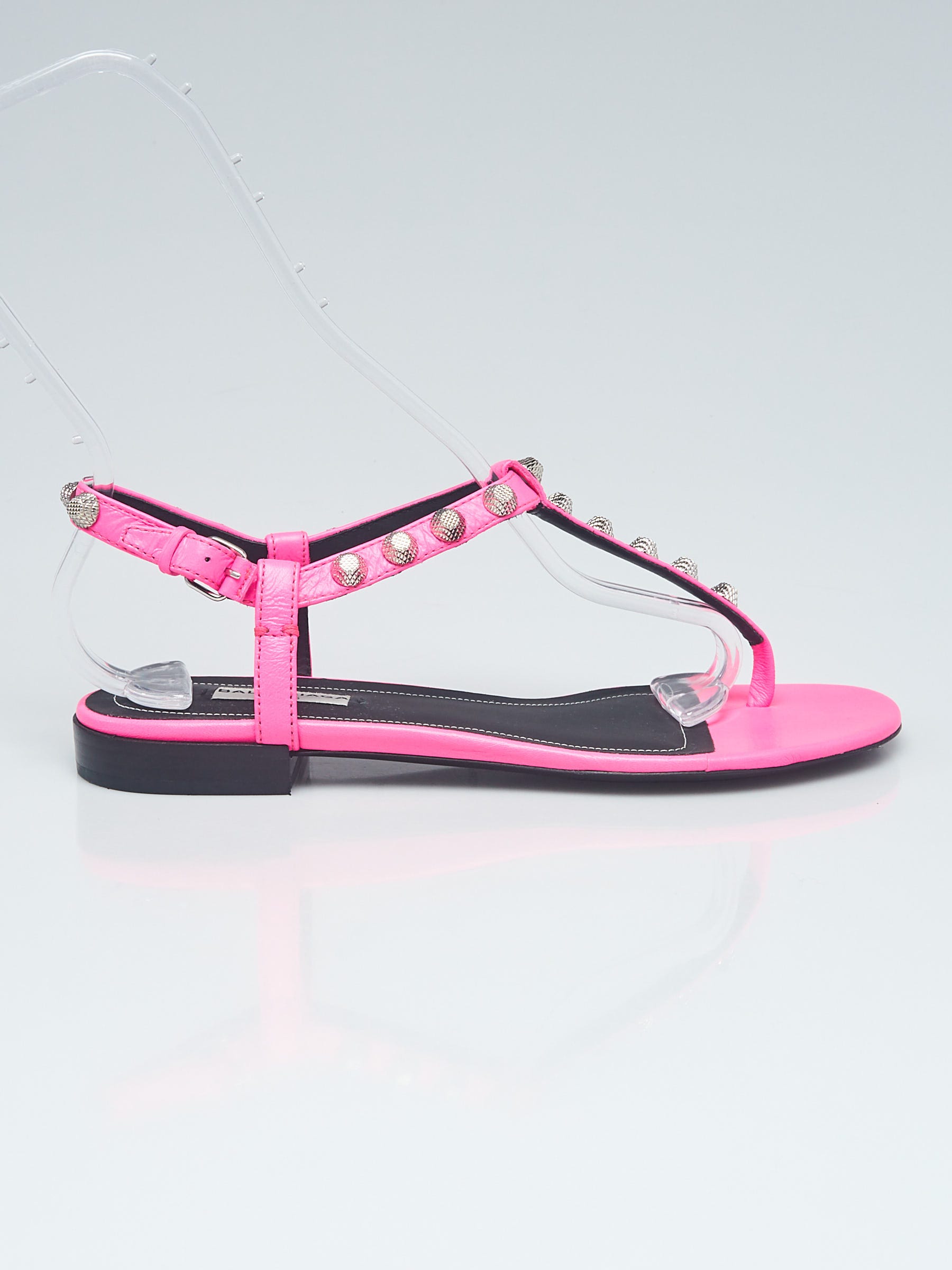 Balenciaga Hot Pink Leather Studded T-Strap Sandals Size