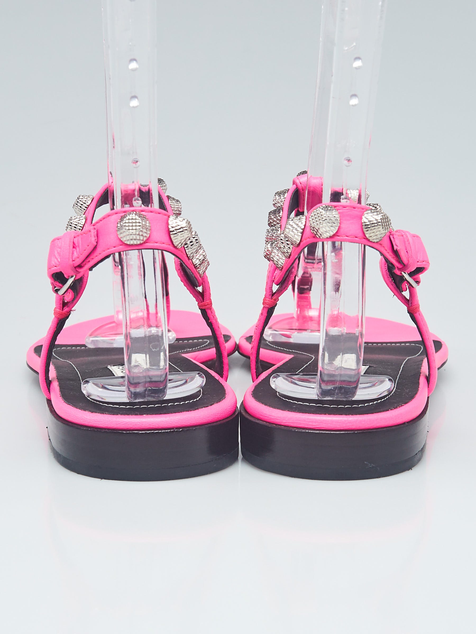 Balenciaga Hot Pink Leather Studded T-Strap Sandals Size
