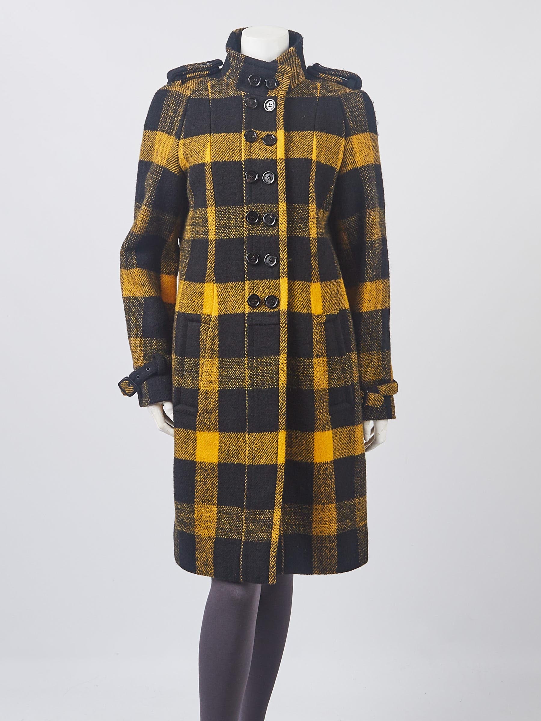 Burberry Black/Yellow Buffalo Plaid Wool Long Coat Size 12/46 - Yoogi's  Closet