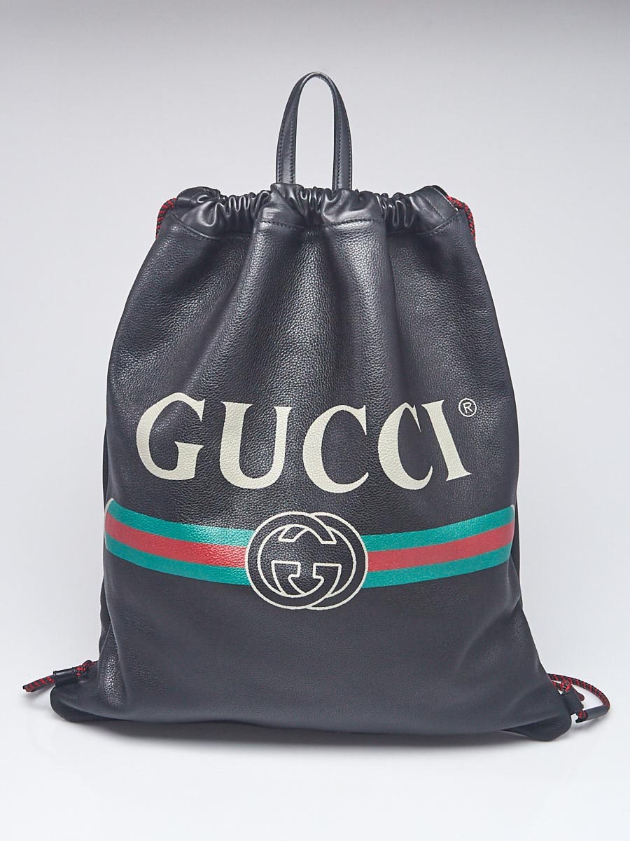 Gucci Black Leather Printed Large Drawstring Backpack Yoogi s Closet