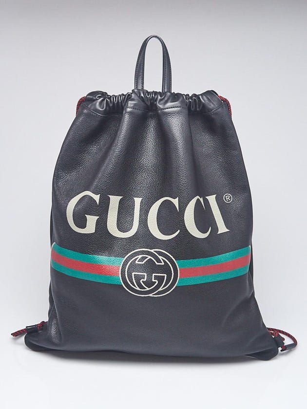 Gucci Black Leather Printed Large Drawstring Backpack