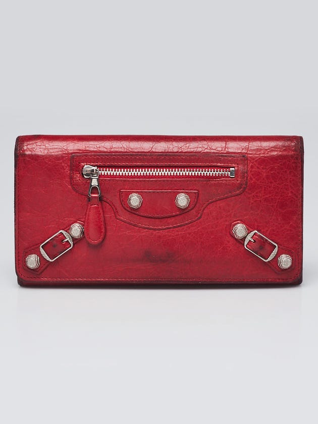 Balenciaga Red Lambskin Leather Giant 12 Silver Bi-Fold Long Continental Wallet