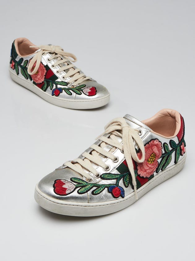 Gucci Silver Leather Ace Floral Embroidered Sneakers Size 7.5/38