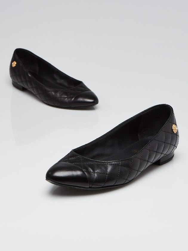 Chanel Black Quilted Leather Cap Toe Camellia Charm Flats Size 4.5/35
