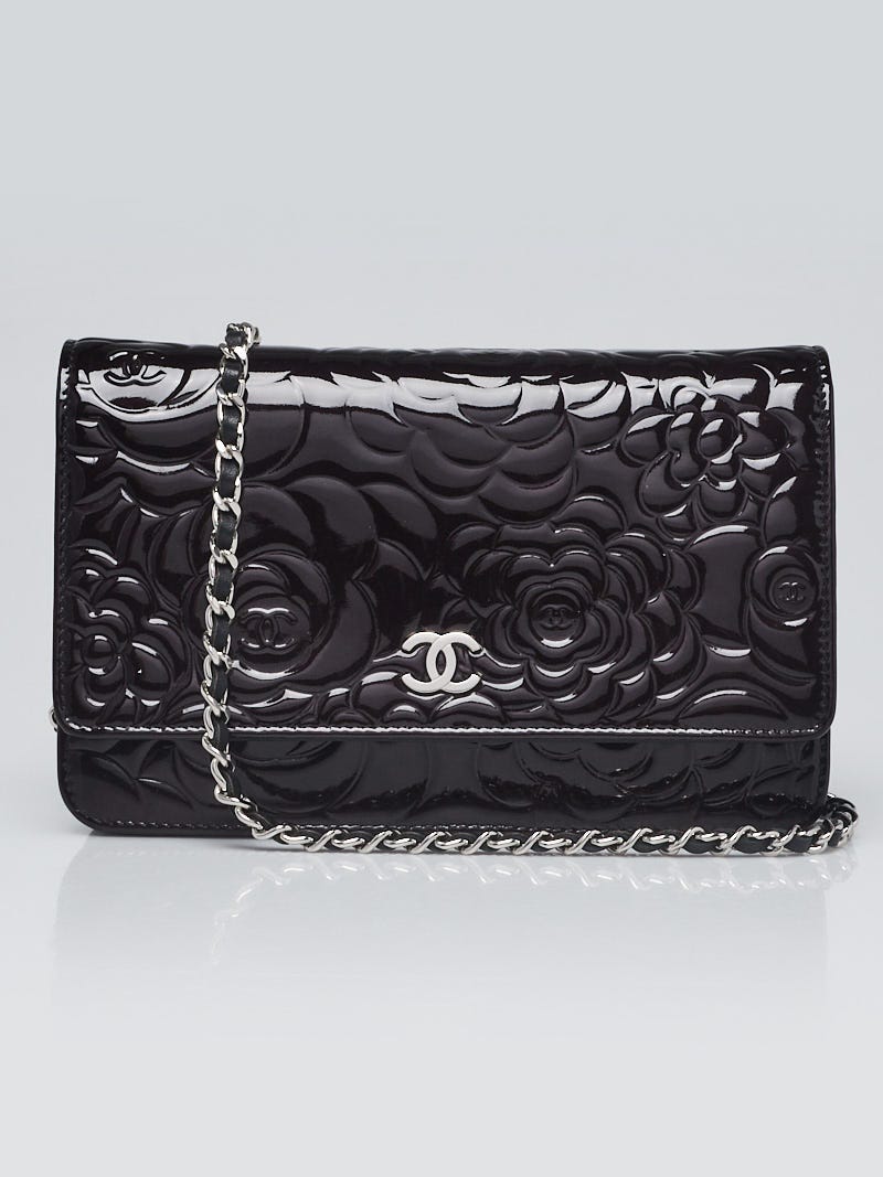 Chanel Black Camellia Embossed Patent Leather WOC Clutch Bag