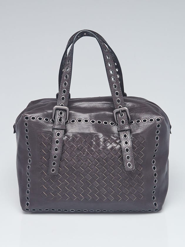 Bottega Veneta Anthracite Calfskin Intrecciato Woven Leather Grommet Satchel Bag