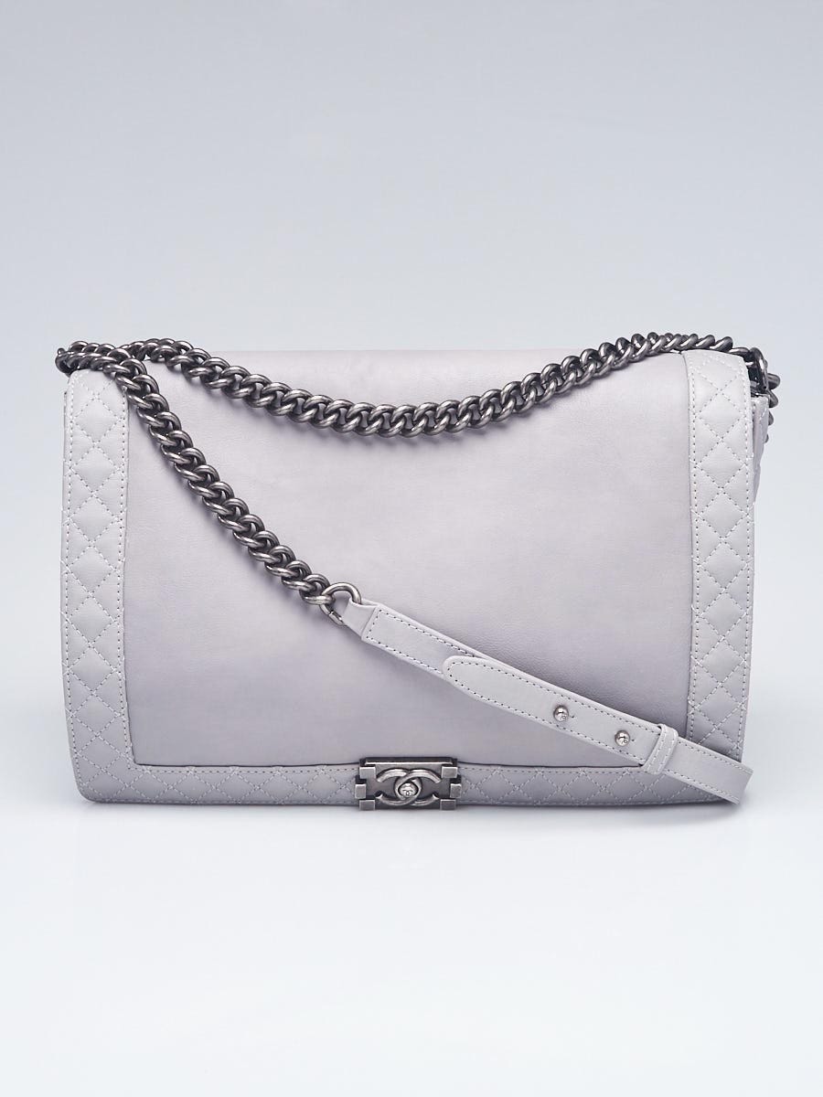 Chanel Light Grey Leather Reverso Maxi Boy Flap Bag - Yoogi's Closet