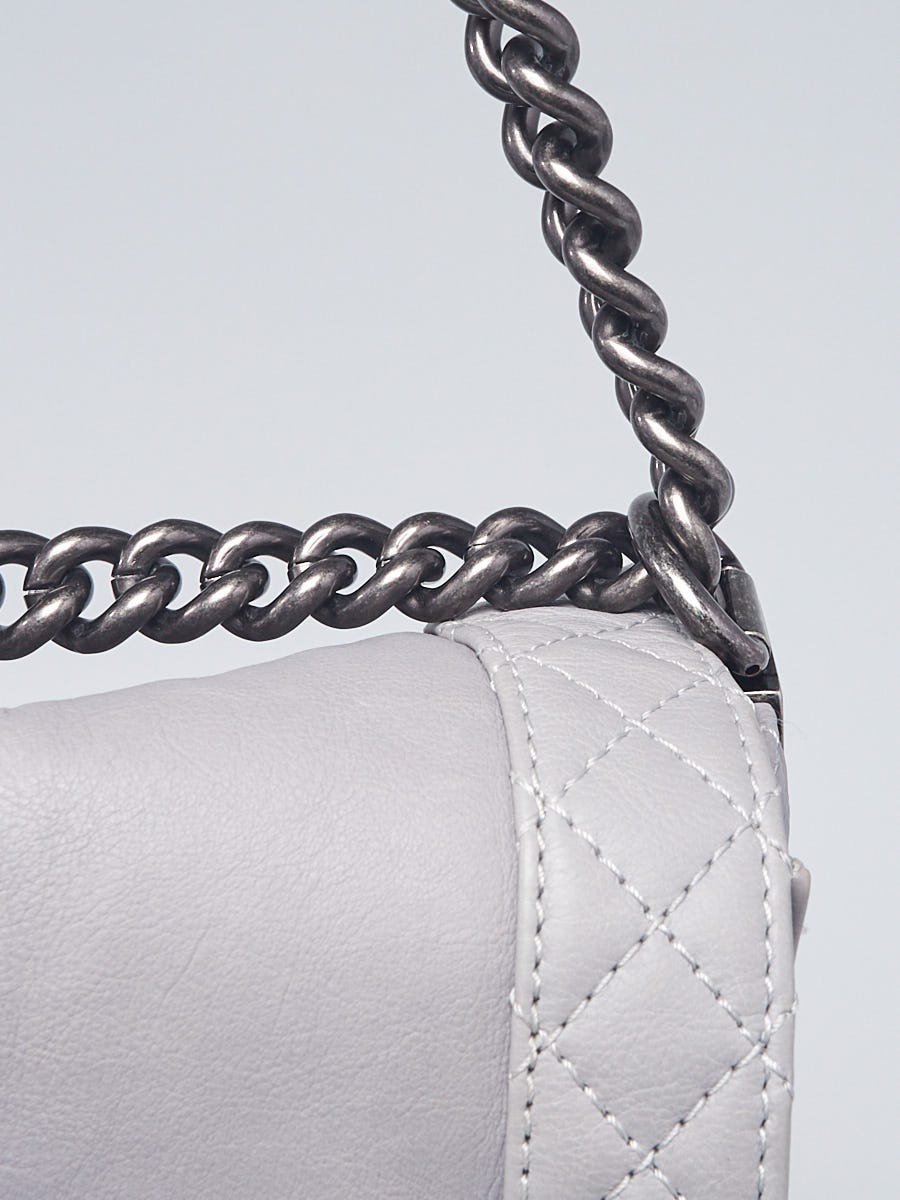 Chanel Light Grey Leather Reverso Maxi Boy Flap Bag - Yoogi's Closet