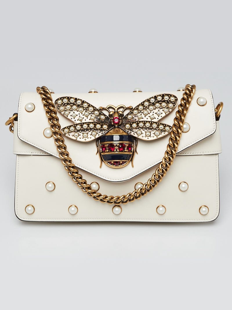 Gucci Calfskin Pearl Studded Mini Broadway Bee Shoulder Bag White