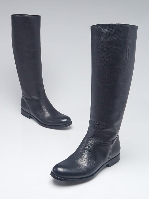Prada Black Saffiano Leather Riding Boots Size 8.5/39