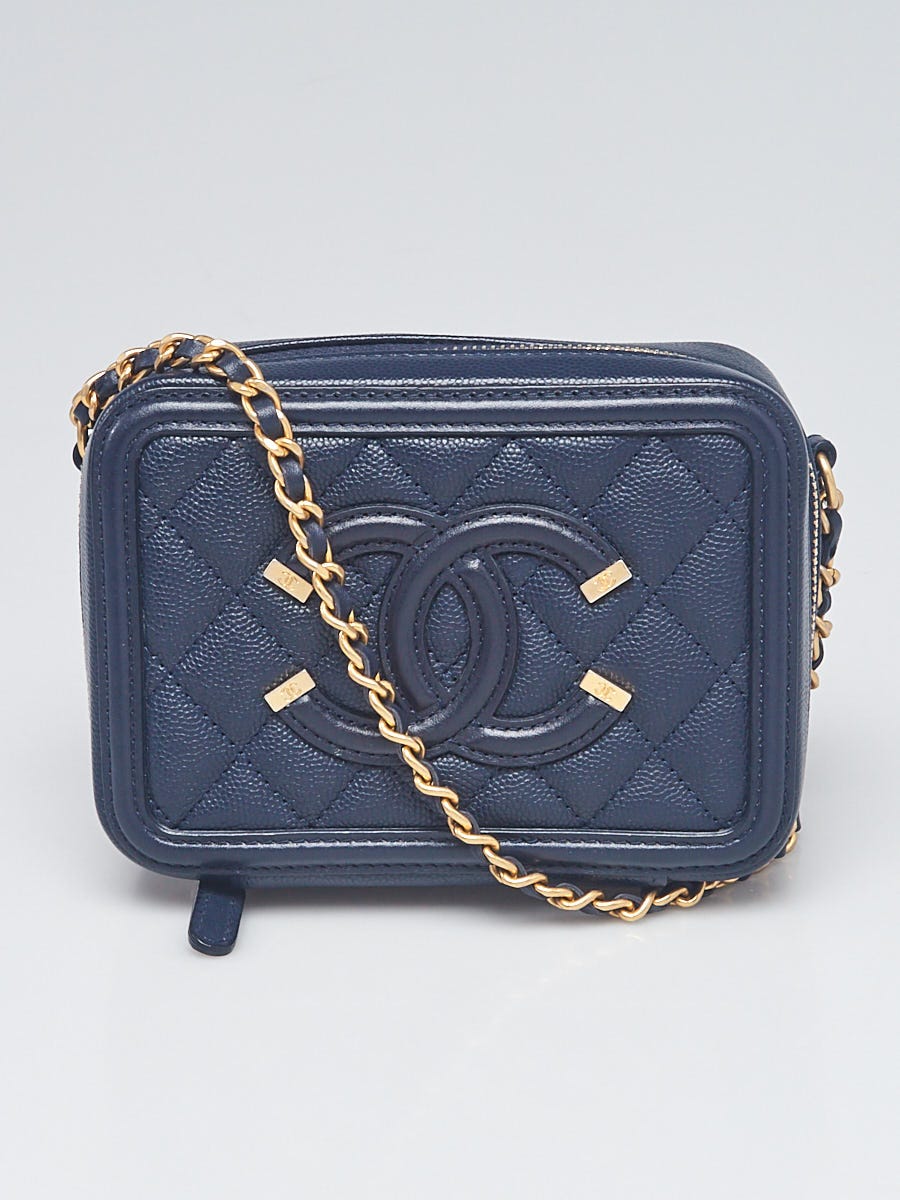 Chanel Navy Blue Quilted Caviar Leather Filigree Vanity Clutch