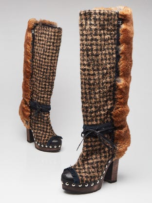 Brown Fur and Tweed Knee High Boots Size 6.5/37