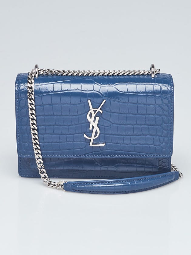 Yves Saint Laurent Blue Croc Embossed Leather Mini Sunset Chain Bag
