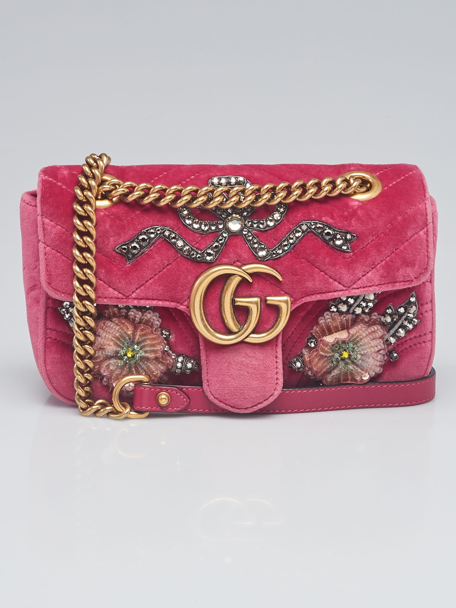 Gucci Pink Quilted Velvet Embellished GG Marmont Mini Crossbody