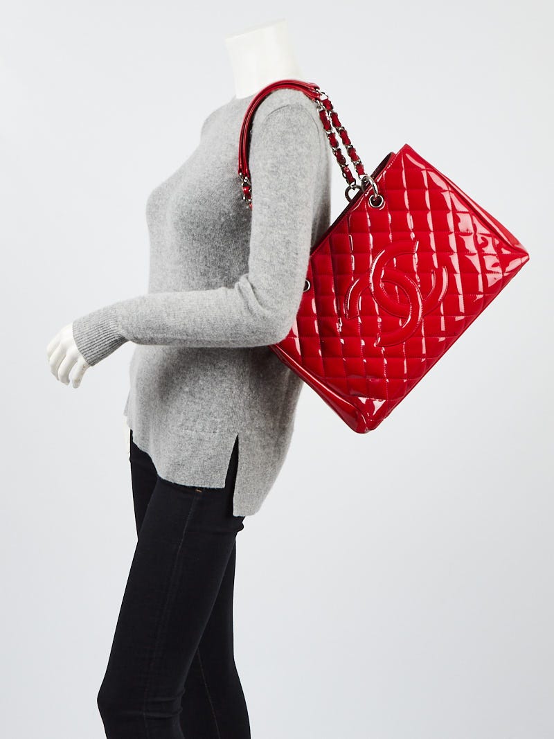 Chanel Red Quilted Patent Leather Grand Shopping Tote Bag - Yoogi's Closet