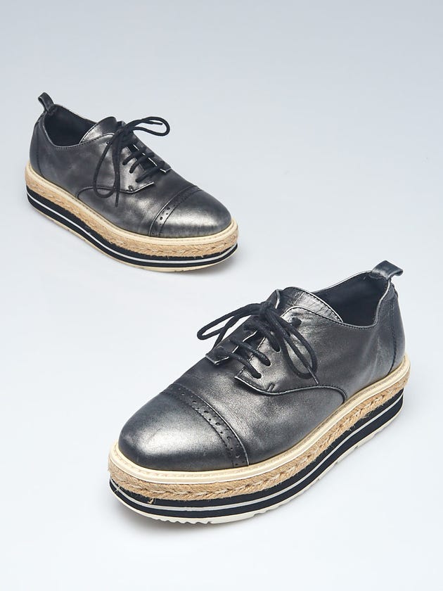 Prada Dark Silver Leather Platform Espadrille Oxford Flats Size 5.5/36