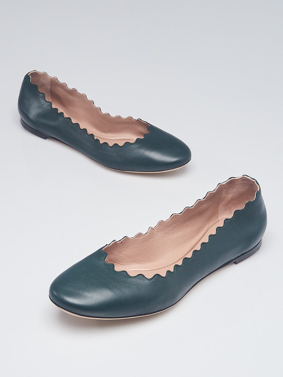 Chloe Dark Green Leather Lauren Scalloped Ballet Flats Size 10