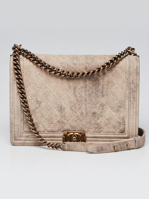 Chanel Beige Quilted Distressed Nubuck Leather Large Boy Bag