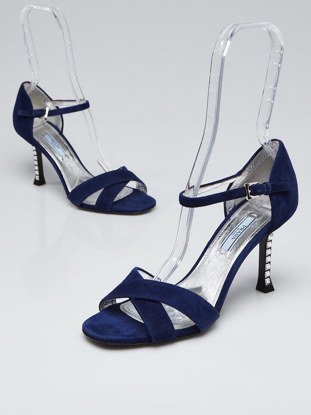 Prada Navy Blue Suede Open Toe Crystal Heel Sandals Size 8/38.5