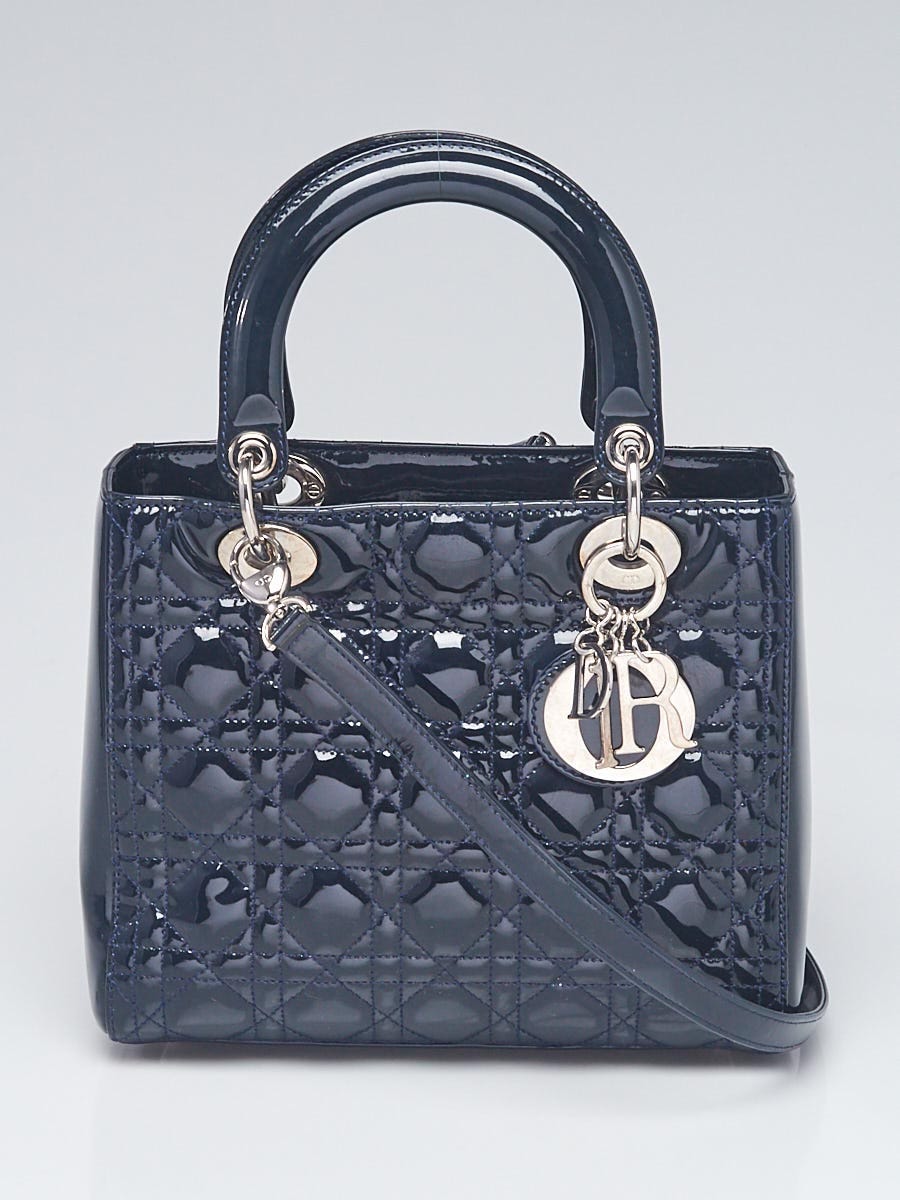 Christian Dior Navy Blue Cannage Quilted Patent Leather Medium Lady Dior  Bag  Yoogis Closet