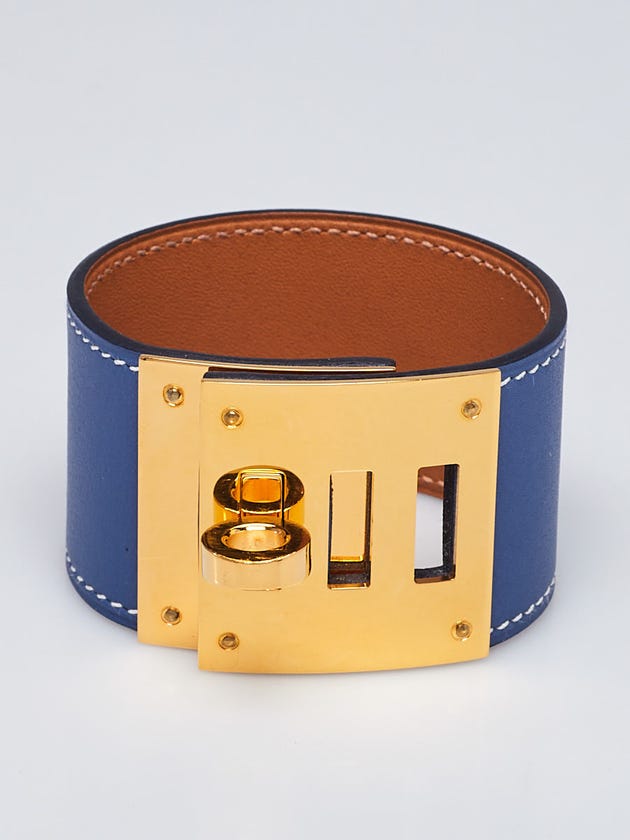 Hermes Bleu Brighton Swift Leather Gold Plated Kelly Dog Bracelet Size T1