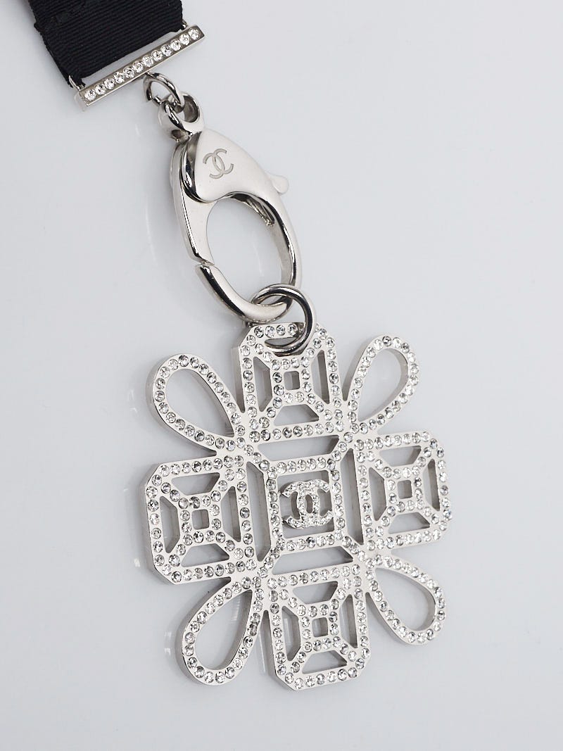 Chanel Black Ribbon and Crystal Medallion Lanyard Necklace