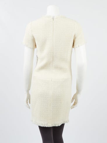 Chanel Ivory Tweed Fringe Short Sleeve Shift Dress Size 4/36 Chanel Ivory Tweed Fringe Short Sleeve Shift Dress Size 4/36