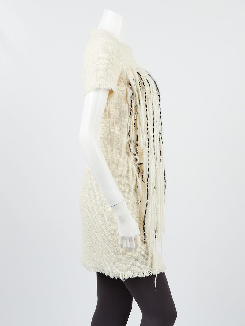 Chanel Ivory Tweed Fringe Short Sleeve Shift Dress Size 4/36