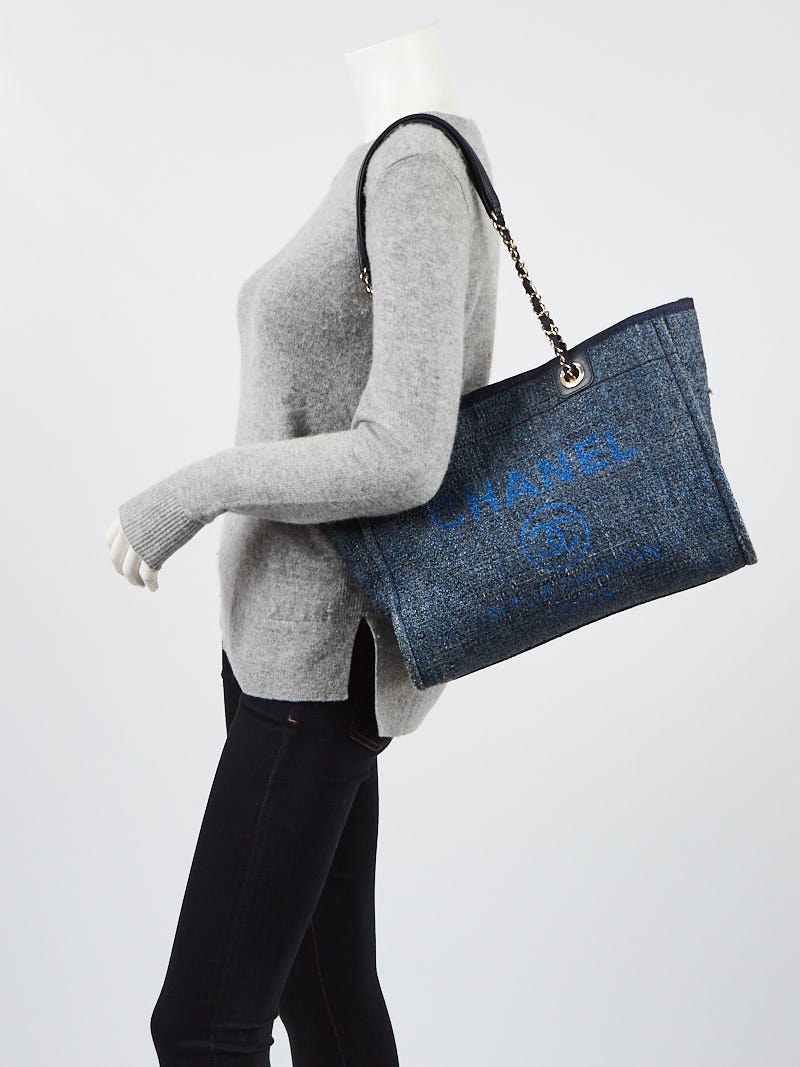 Chanel Navy Blue Tweed Deauville Shopping Tote Bag - Yoogi's Closet