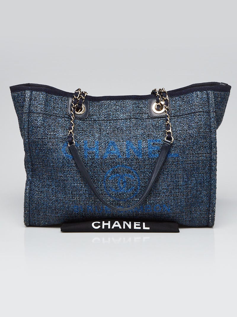 Chanel Navy Blue Tweed Deauville Shopping Tote Bag - Yoogi's Closet