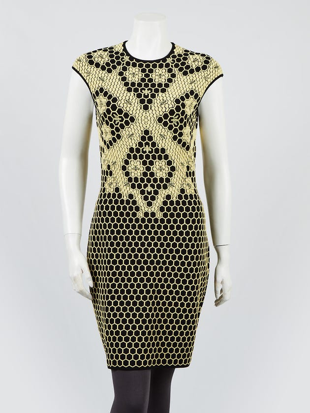 Alexander McQueen Black/Yellow Viscose Blend Fabric Honeycomb Sleeveless Dress Size XL