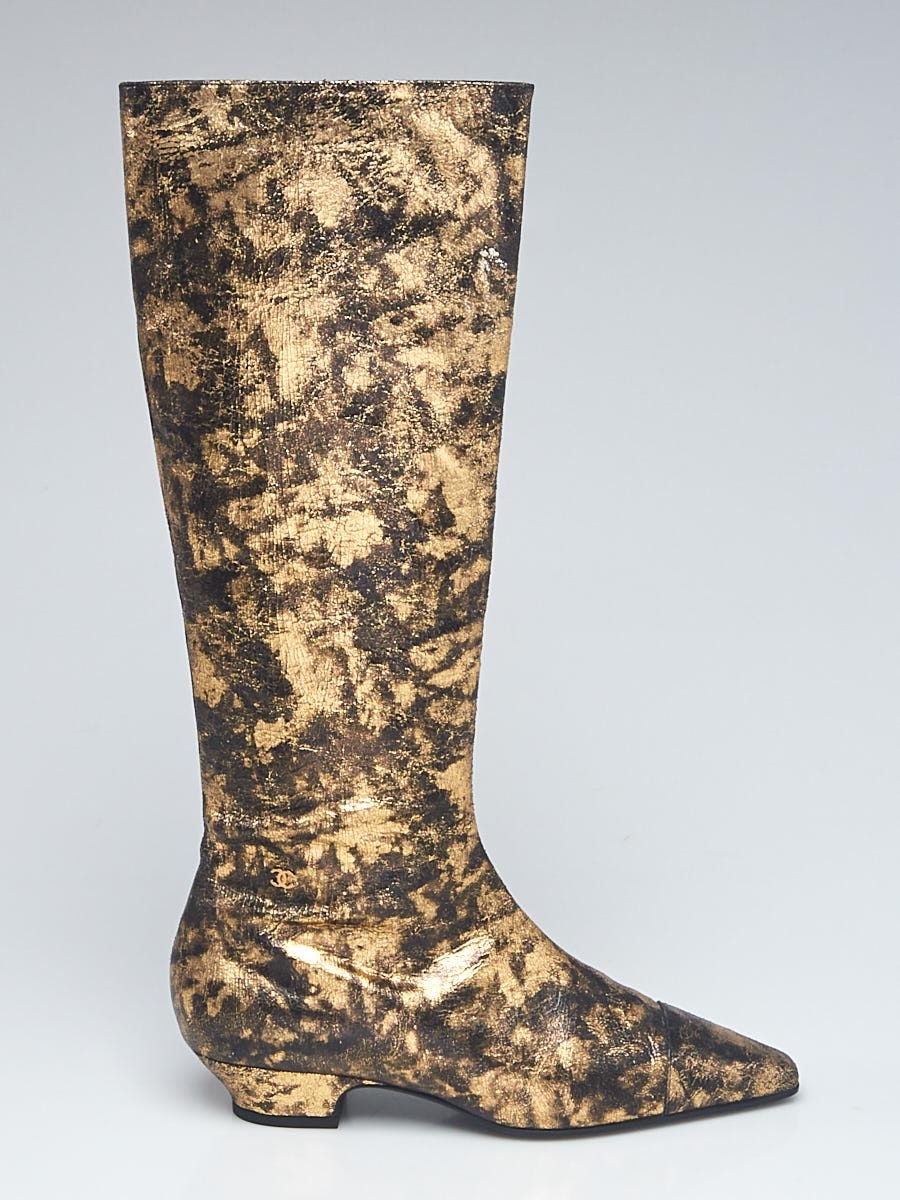 Chanel Gold Laminated Chevre Leather High Boots Size 8.5/39