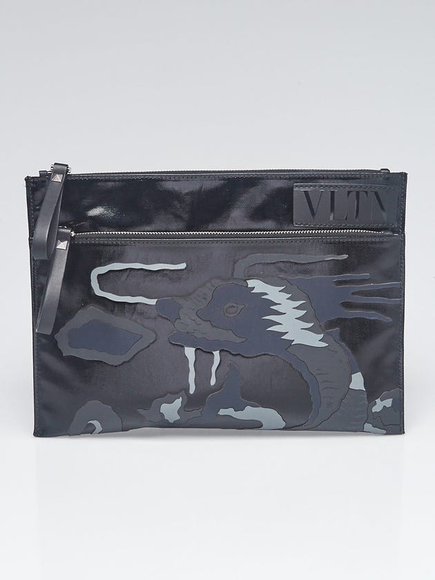 Valentino Black/Grey Leather Dragon Embroidered Zip Clutch Bag 