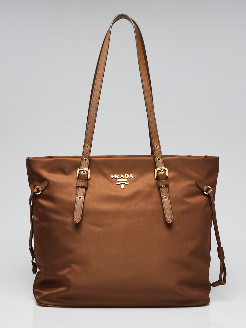 Prada Tessuto Nylon Brown Leather Trim 2 Way Handbag Shoulder Bag