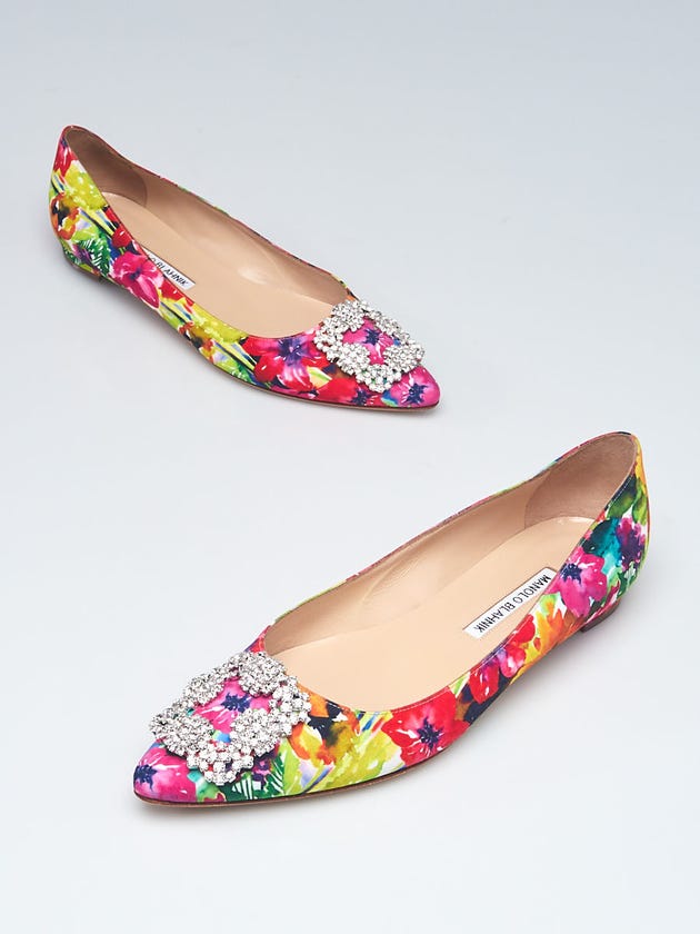 Manolo Blahnik Multicolor Floral Satin and Crystal Hangisi Ballet Flats Size 8/38.5
