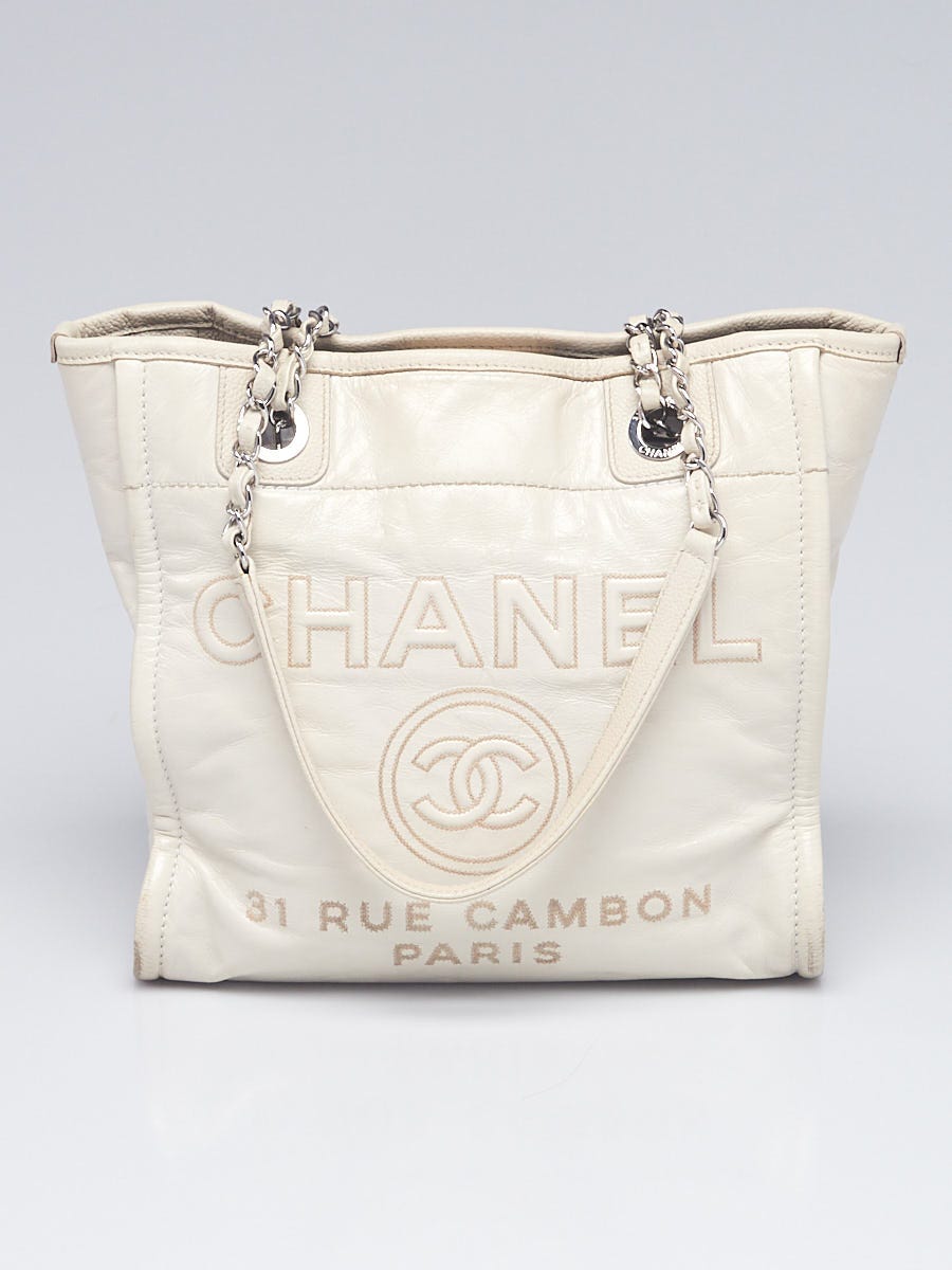 Chanel White Glazed Leather North/South Deauville Small Shopping
