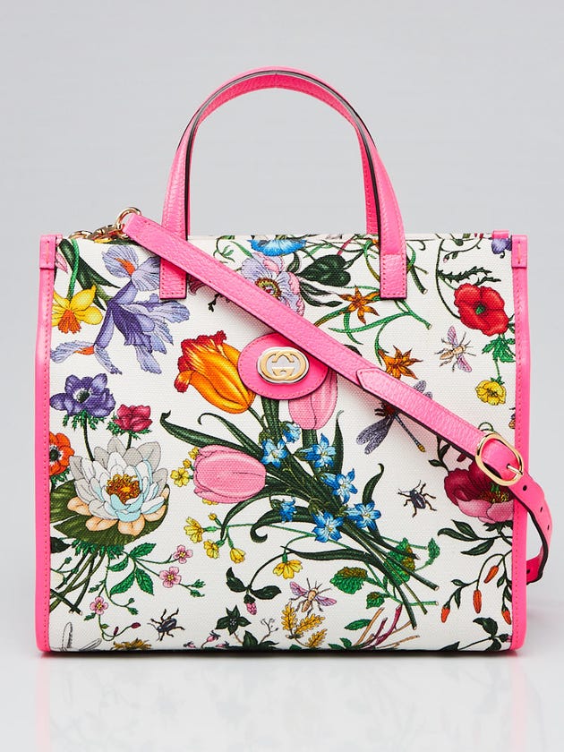 Gucci Pink Leather Multicolor Floral Canvas Small Flora Tote Bag