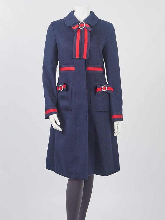 Gucci Navy Blue Wool Vintage Web Bow Long Coat Size 8/42