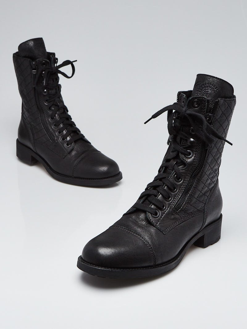 Chanel Black Quilted Leather Lace Up Boots Size 10/40.5 - Yoogi's Closet