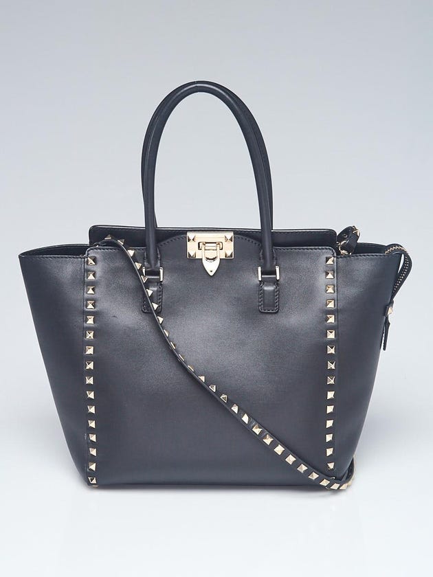 Valentino Black Smooth Calfskin Leather Rockstud Medium Double Handle Bag
