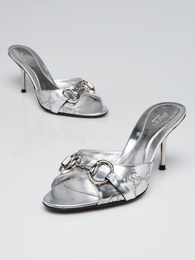 Gucci Silver Guccissima Leather Horsebit Peep Toe Mule Sandals Size 5.5B