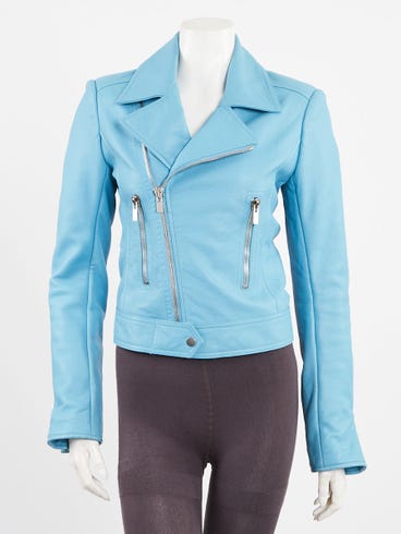 Balenciaga Turquoise Lambskin Leather New Moto Jacket Size 6/38