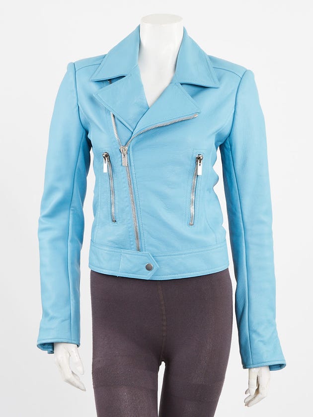 Balenciaga Turquoise Lambskin Leather New Moto Jacket Size 6/38
