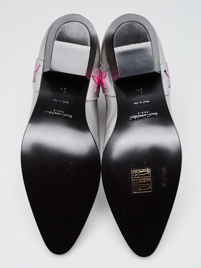 Yves Saint Laurent Silver/Pink Leather Star Ankle Boots Size 3.5/34
