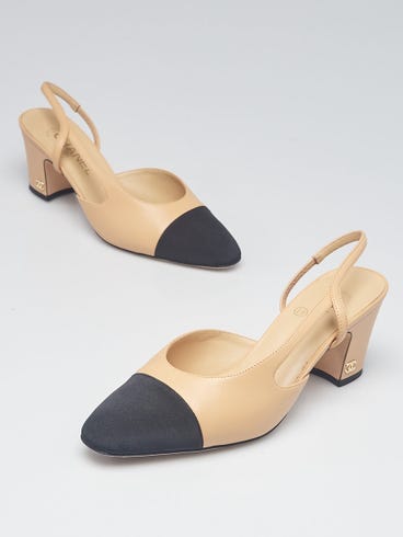 Chanel Beige/Black Leather Cap Toe Slingback Heels Size 8.5/39 | Yoogi's Closet Chanel Beige/Black Leather Cap Toe Slingback Heels Size 8.5/39 | Yoogi's Closet