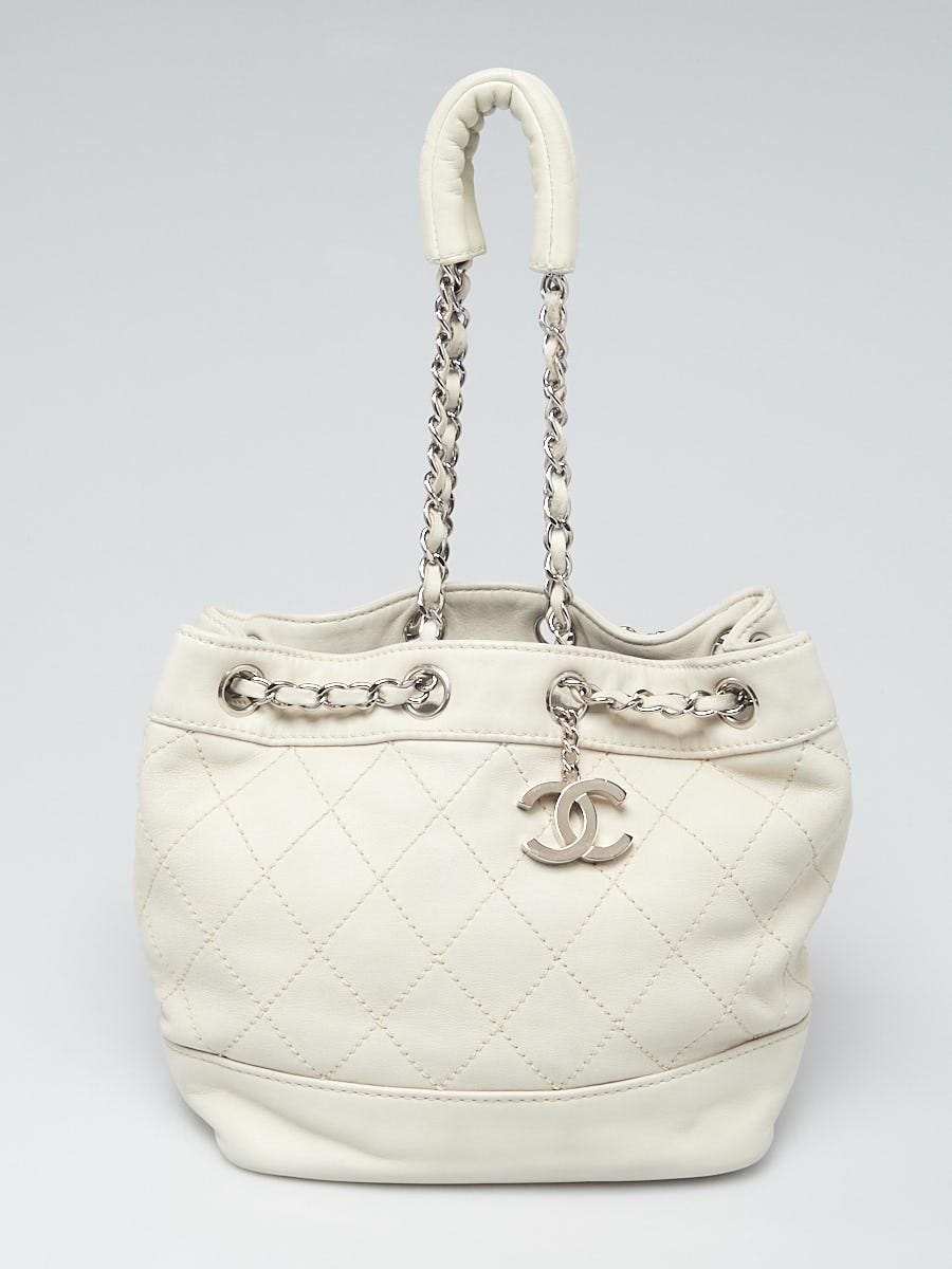 Chanel Dark White Quilted Lambskin Leather Small Drawstring Chain Tote Bag  - Yoogi's Closet