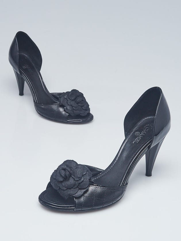 Chanel Black Leather Camellia Open Toe Pumps Size 8/38.5
