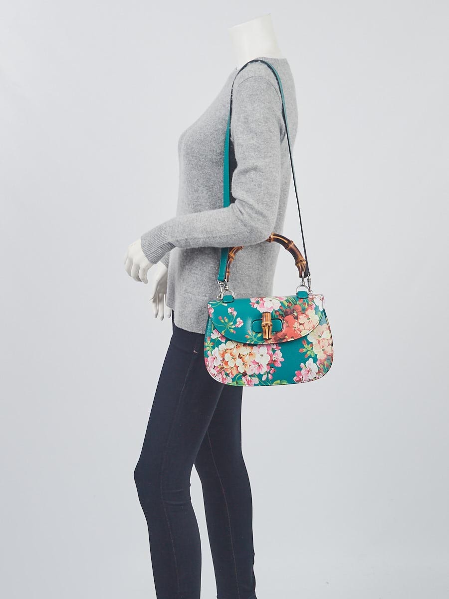 Gucci Green Blooms Printed Leather Classic Bamboo Top Handle Bag